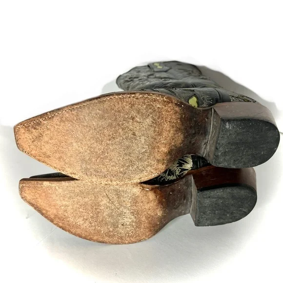 Johnny Ringo Cowboy Boots Genuine Leather Floral Overlay Black Pink Lime Yellow - Picture 3 of 12